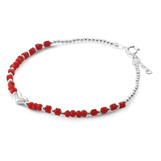 Pulsera de Plata - Corazón con Cristales  de Figuras y Esferas Lisas