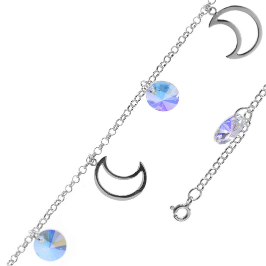 Pulsera de Plata - Cristales Tornasol y Lunas Lisas Caladas
