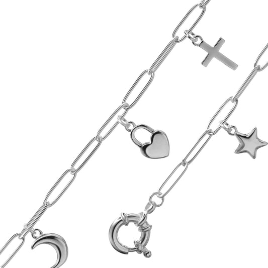 Pulsera de Plata - Eslabón con Broche Timón y Dijes de Estrella Luna Candado Corazón y Cruz