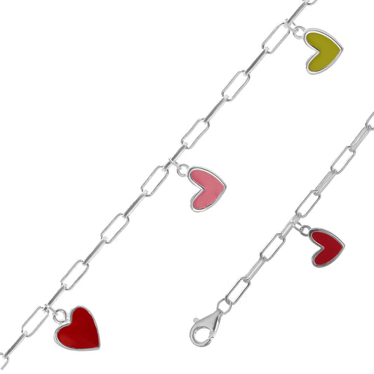 Pulsera de Plata - Eslabón con Colgantes Corazones Esmaltados de Colores