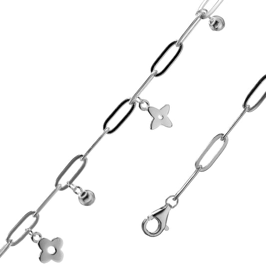 Pulsera de Plata - Eslabón Ovalados con Colgantes de Esfera y Flores