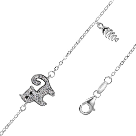Pulsera de Plata - Gato con Circones y Colgante de Pescado