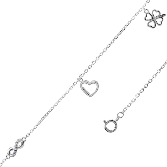 Pulsera de Plata - Infinito de Circones, Corazón Calado Liso y Trébol Liso