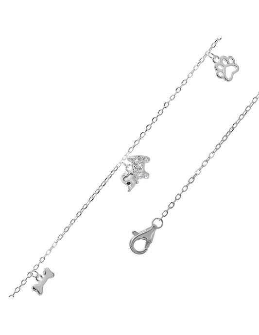 Pulsera de Plata - Perro con Circones y Dijes de Hueso y Huella