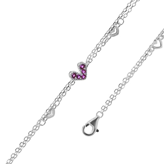 Pulsera de Plata Doble Cadena con Dijes Corazón de Circones Magenta