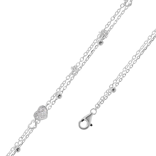Pulsera de Plata Doble Cadena con Esferas Lisas y Corazón con Circones