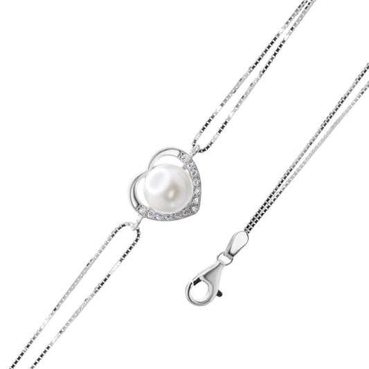 Pulsera de Plata Doble Cadena Veneciana con Corazón Circones y Perla
