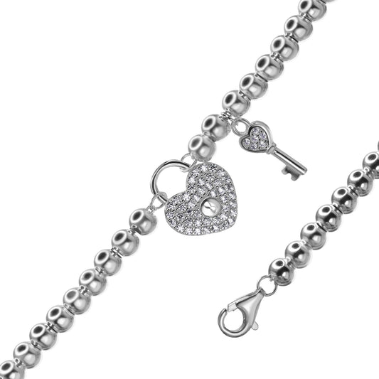 Pulsera de Plata Esferas de Plata con Dije Corazón y Llave con Circones