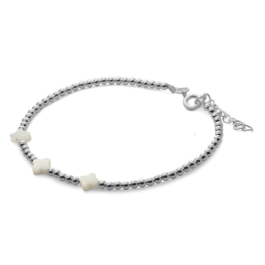 Pulsera de Plata Esferas Lisas con Placas de Nácar Mariposa
