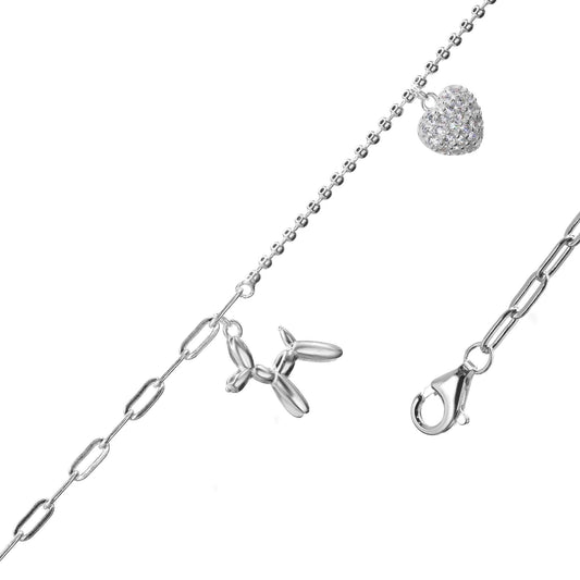 Pulsera de Plata Eslabón Mixto con Corazón de Circones y Figura de Perro con Globos