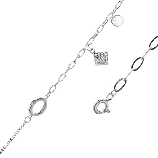 Pulsera de Plata Eslabones con Rombo de Circones y Pequeña Placa Lisa