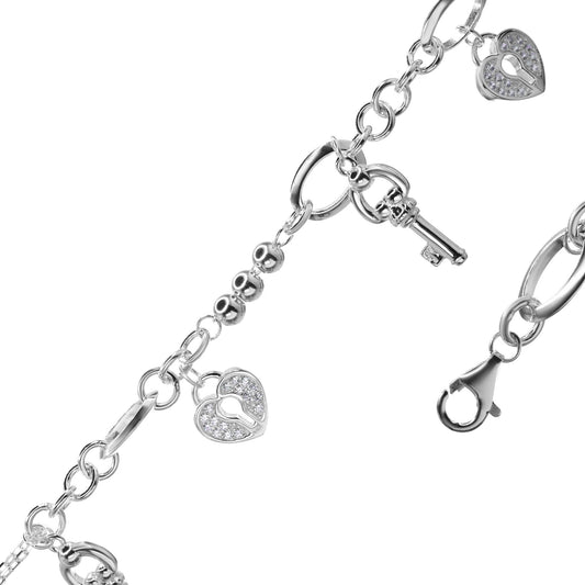Pulsera de Plata Eslabones Gruesos y Dijes de Candado Corazón con Circones y Llaves
