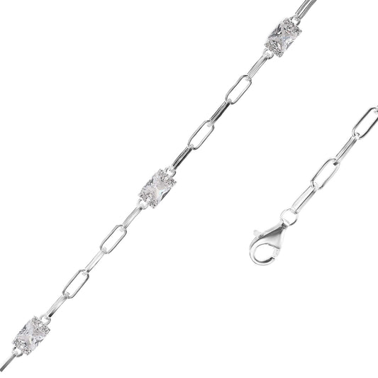 Pulsera de Plata Eslabones Ovalados con Aplicación de Circón Rectangular