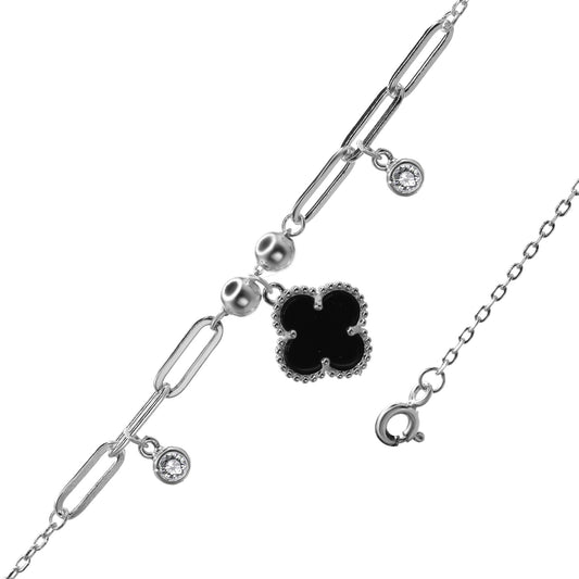Pulsera de Plata Eslabones Ovalados con Dije de Trébol Negro y Circones