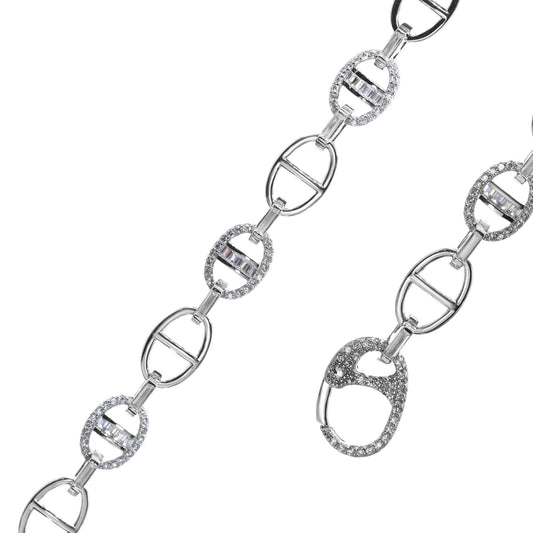 Pulsera de Plata Eslabones Ovalados Lisos con Detalles de Circones
