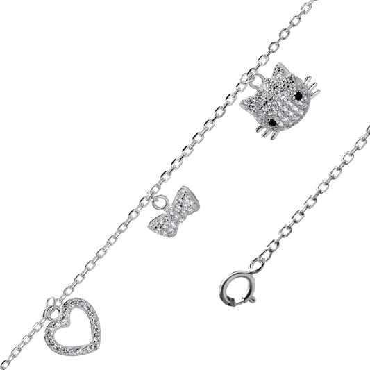 Pulsera de Plata - Hello Kitty con Corbata y Corazón de Circón