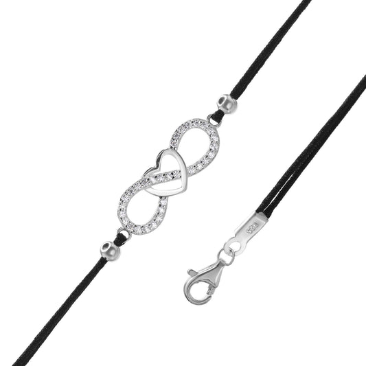 Pulsera de Plata - Hilo Negro con Infinito y Corazón con Circones