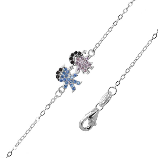 Pulsera de Plata Hermanos con Circones Rosas y Celestes