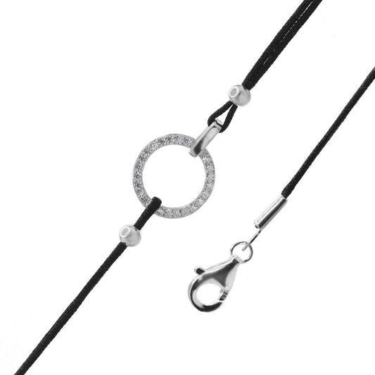 Pulsera de Plata Hilo Negro con Circulo de Circones