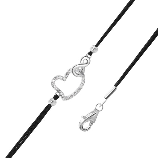 Pulsera de Plata Hilo Negro con Corazón e Infinito con Circones