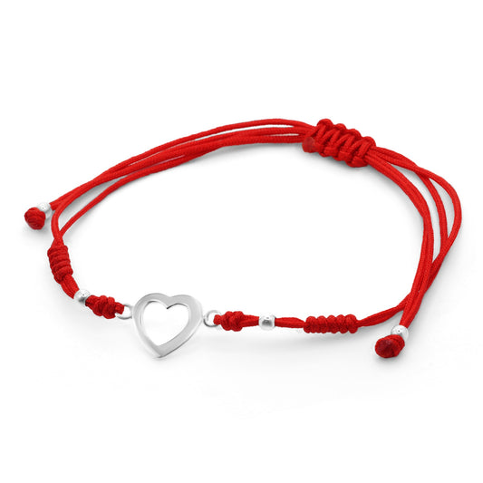 Pulsera de Plata Hilo Rojo con Esferas Lisas y Figura Corazón
