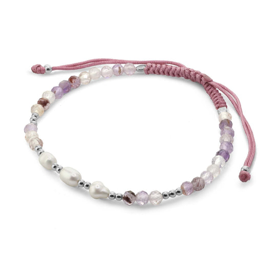 Pulsera de Plata Macramé color Palo de Rosa con Cristales , Esferas y Piedras de Río , Ajustable