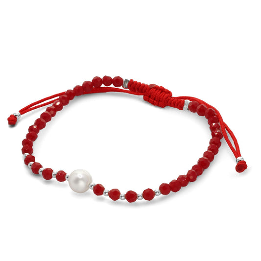 Pulsera de  Plata Macramé con Cristales Rojos y Perla de Río Ajustable
