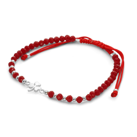 Pulsera de Plata Macramé con Cristales Rojos y Trébol