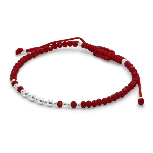 Pulsera de Plata Macramé Cristales Rojos con Camino de Esferas Lisas