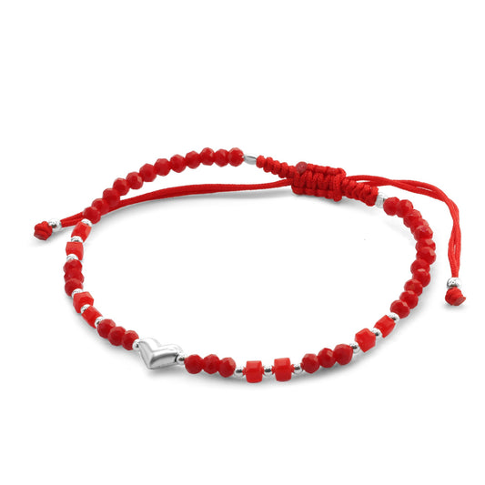Pulsera de Plata Macramé Cristales Rojos Y Esferas Lisas con Corazón