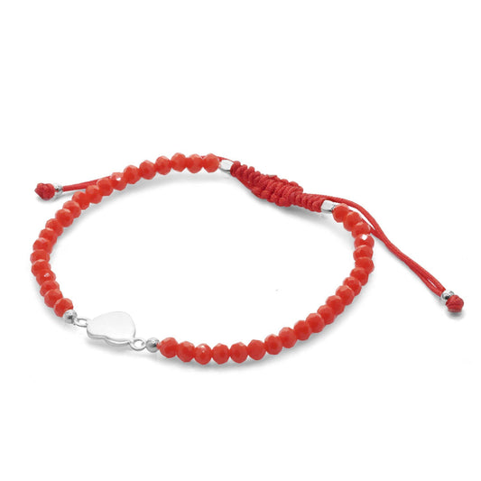 Pulsera de Plata Macramé de Cristales Rojos con Placa de Corazón Liso