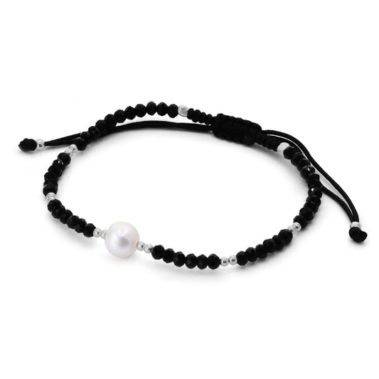 Pulsera de Plata Macramé Negra con Cristales Negros y Perla