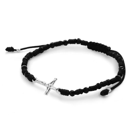 Pulsera de Plata Macramé Negra con Cruz