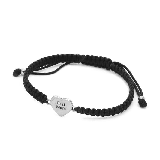 Pulsera de Plata Macramé Negra con Placa Corazón "Best Mum"