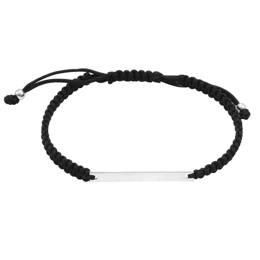 Pulsera de Plata Macramé Negro con Barra Lisa