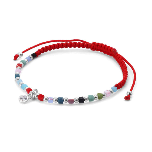 Pulsera de Plata Macramé Roja Ágatas de Colores y Pequeño Circón