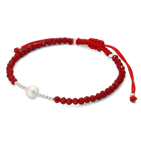 Pulsera de Plata Macramé Roja con Cristales Rojo Oscuro con Combinación de Perla y esferas de Plata