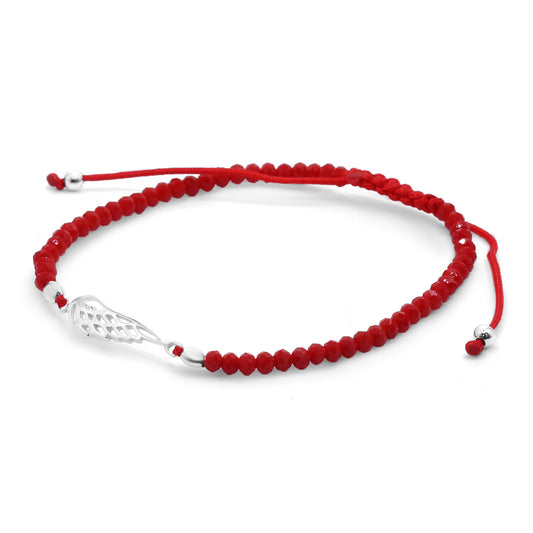 Pulsera de Plata Macramé Roja con Cristales Rojos y Placa de Pluma