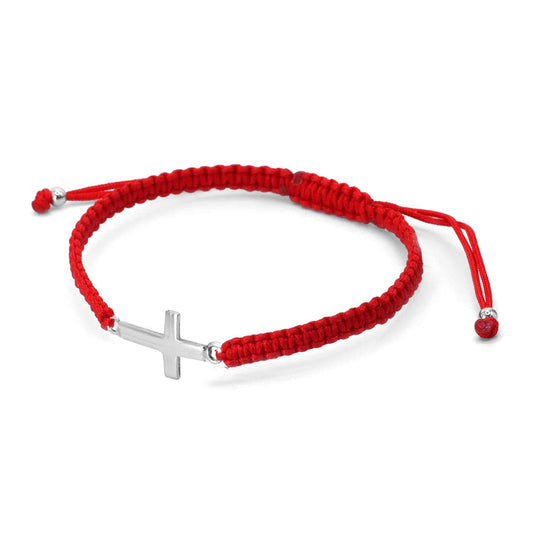 Pulsera de Plata Macramé Roja con Cruz