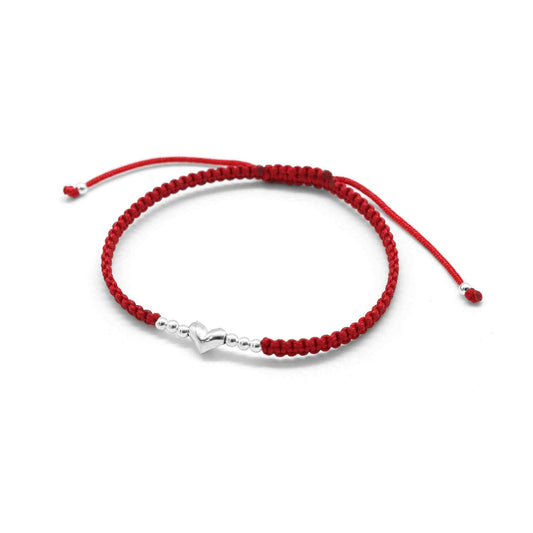 Pulsera de Plata Macramé Roja con Esferas y Corazón