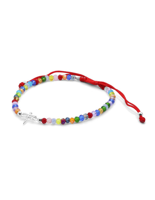 Pulsera de Plata Macramé Roja con Piedras Ágata de Colores con Dije de Libélula