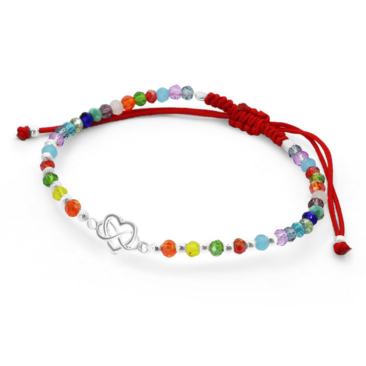 Pulsera de Plata Macramé Roja con Piedras Ágata de Colores con Esferas y Dije de Corazón