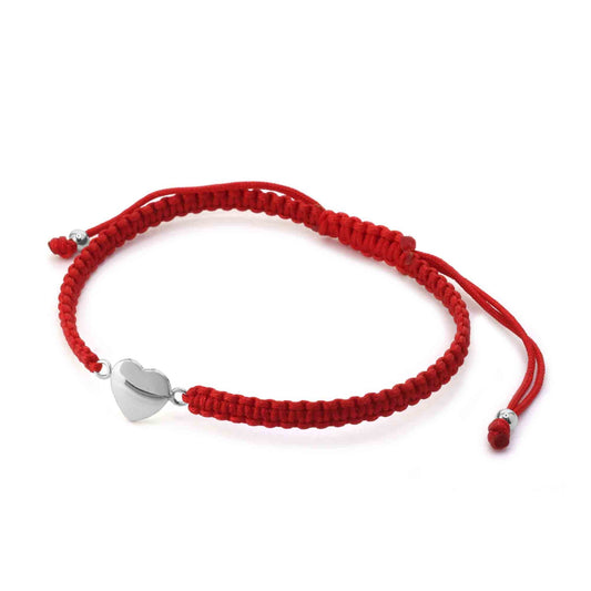 Pulsera de Plata Macramé Roja con Placa de Corazón lisa