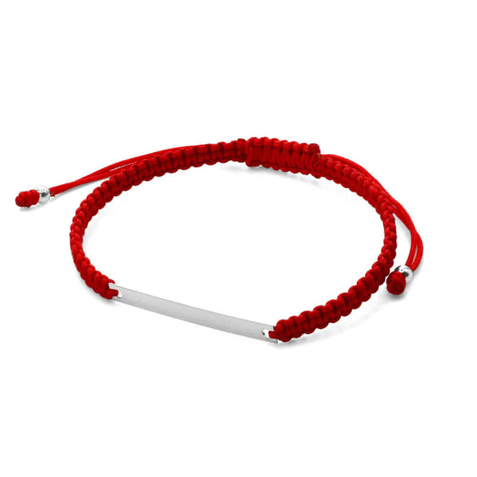 Pulsera de Plata Macramé Roja con Placa Varilla