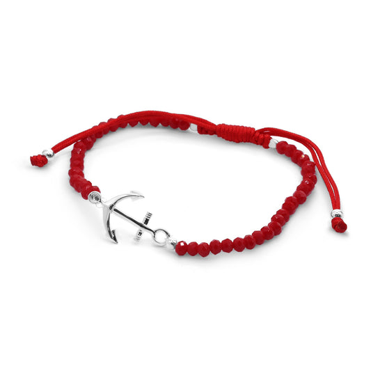 Pulsera de Plata Macramé Roja Cristales Rojo con Dije de Ancla