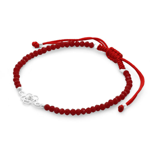 Pulsera de Plata Macramé Roja de Cristales Rojos y Dije de Flor