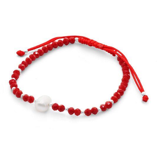 Pulsera de Plata Macramé Roja de Perla con Cristales Rojos y Esferas