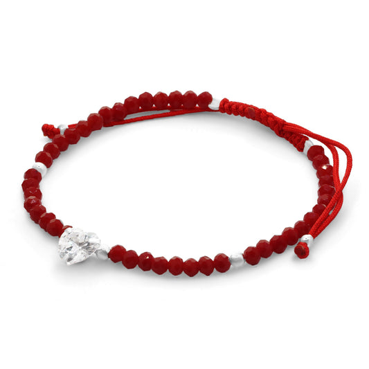 Pulsera de Plata Macramé Roja Dije Corazón de Circón con Cristales Rojos