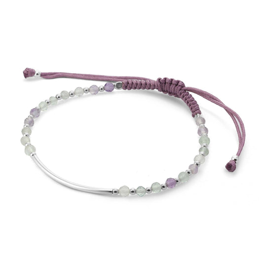 Pulsera de Plata Macramé Tubular con Cristales Color Lila y Esferas , Ajustable