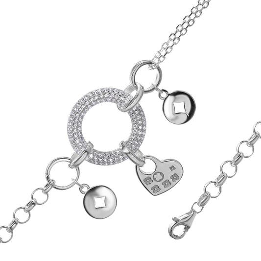 Pulsera de Plata - Argolla de Circones con Charms de Corazón y Círculos